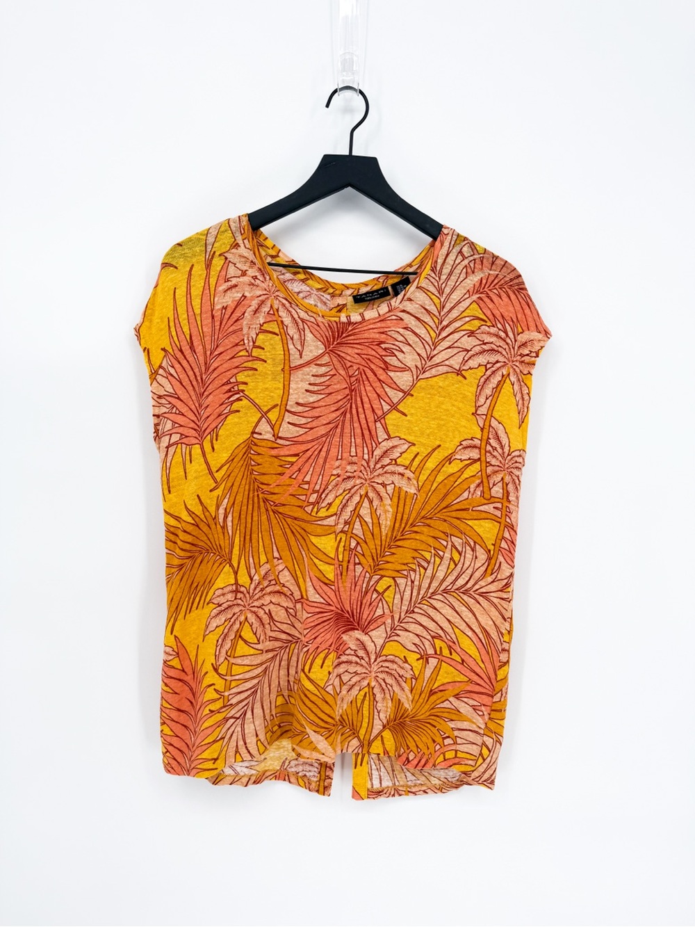 Tahari 100% Linen Tropical Palm Print Top Button Back Yellow XL